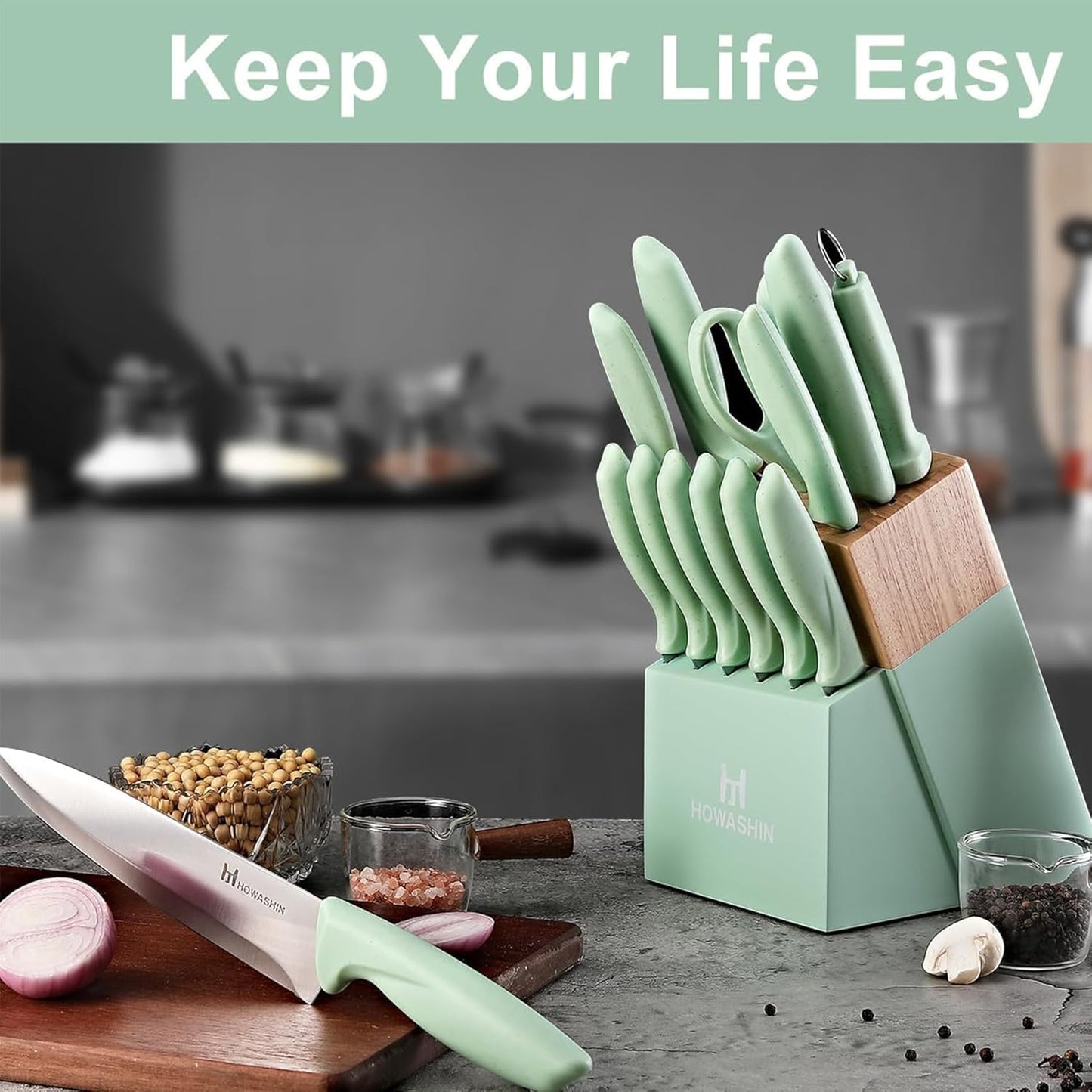 Knife Set, 15 Pieces Kitchen Knife Set with Built in Knife Sharpener, High Carbon German Stainless Steel Knife Block Set, Hand Wash Safe Knives Set, Green