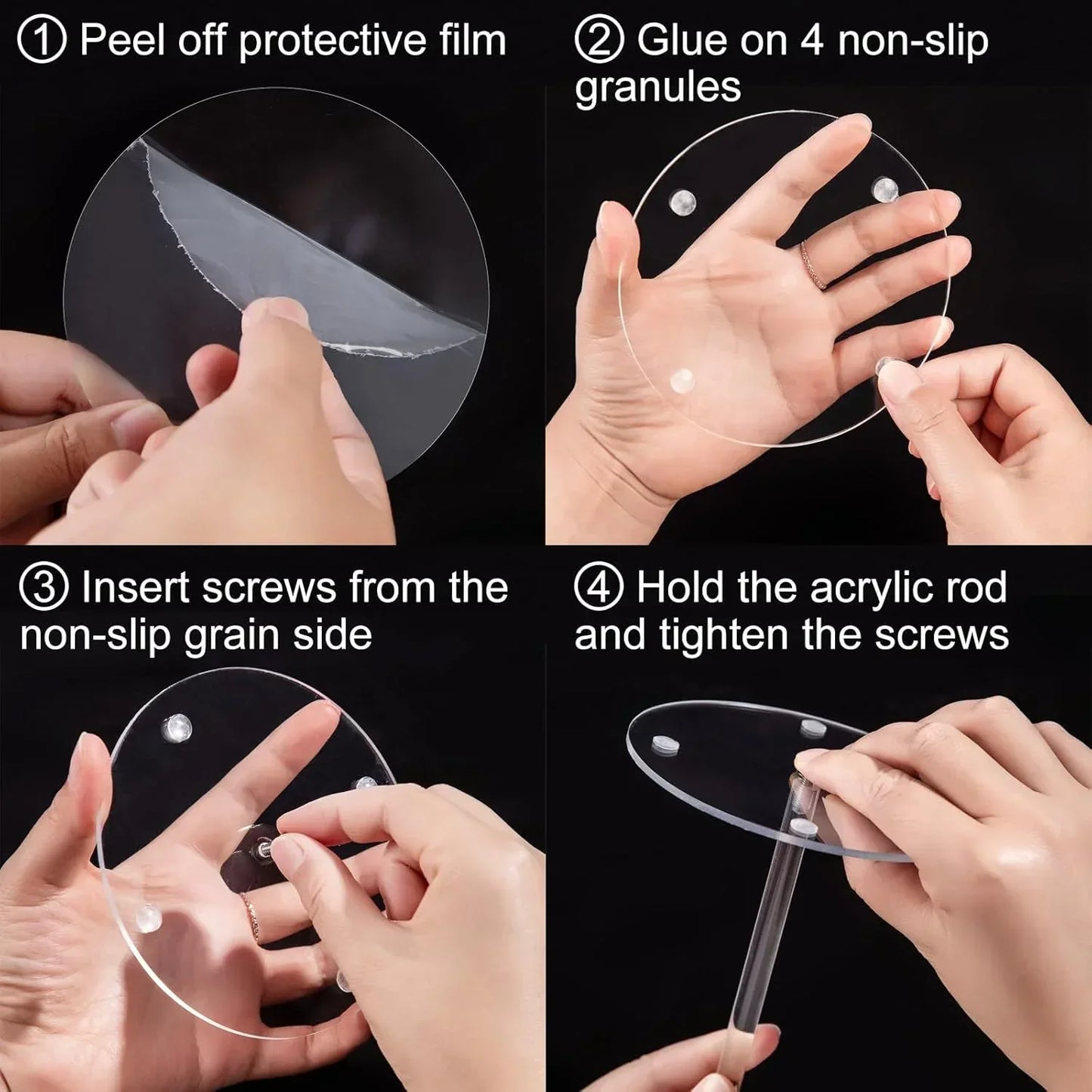 Step-by-step assembly of clear acrylic kitchen organizer with non-slip granules and screws