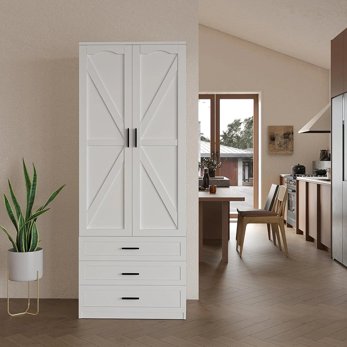 72" LED Kitchen Pantry Cabinet with 3 Drawers Farmhouse Tall Storage Cabinet Wood Food Pantry with Barn Doors and Adjustable Shelves Versatile Storage Freestanding Cupboard for Kitchen