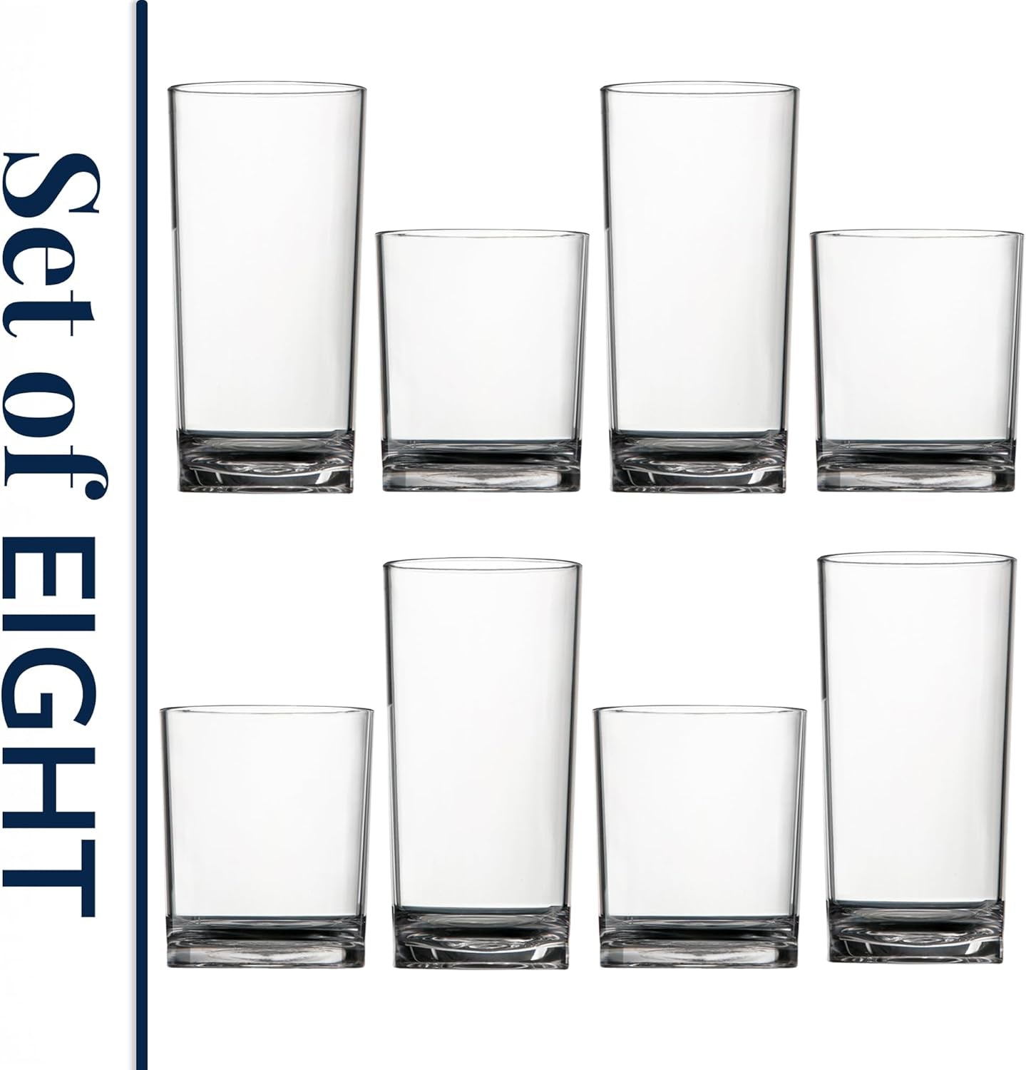 Classic Clear Plastic Reusable Drinking Glasses (Set of 8) 12Oz Rocks & 16Oz Water Cups | Bpa-Free Tumblers, Made in USA | Top-Rack Dishwasher Safe