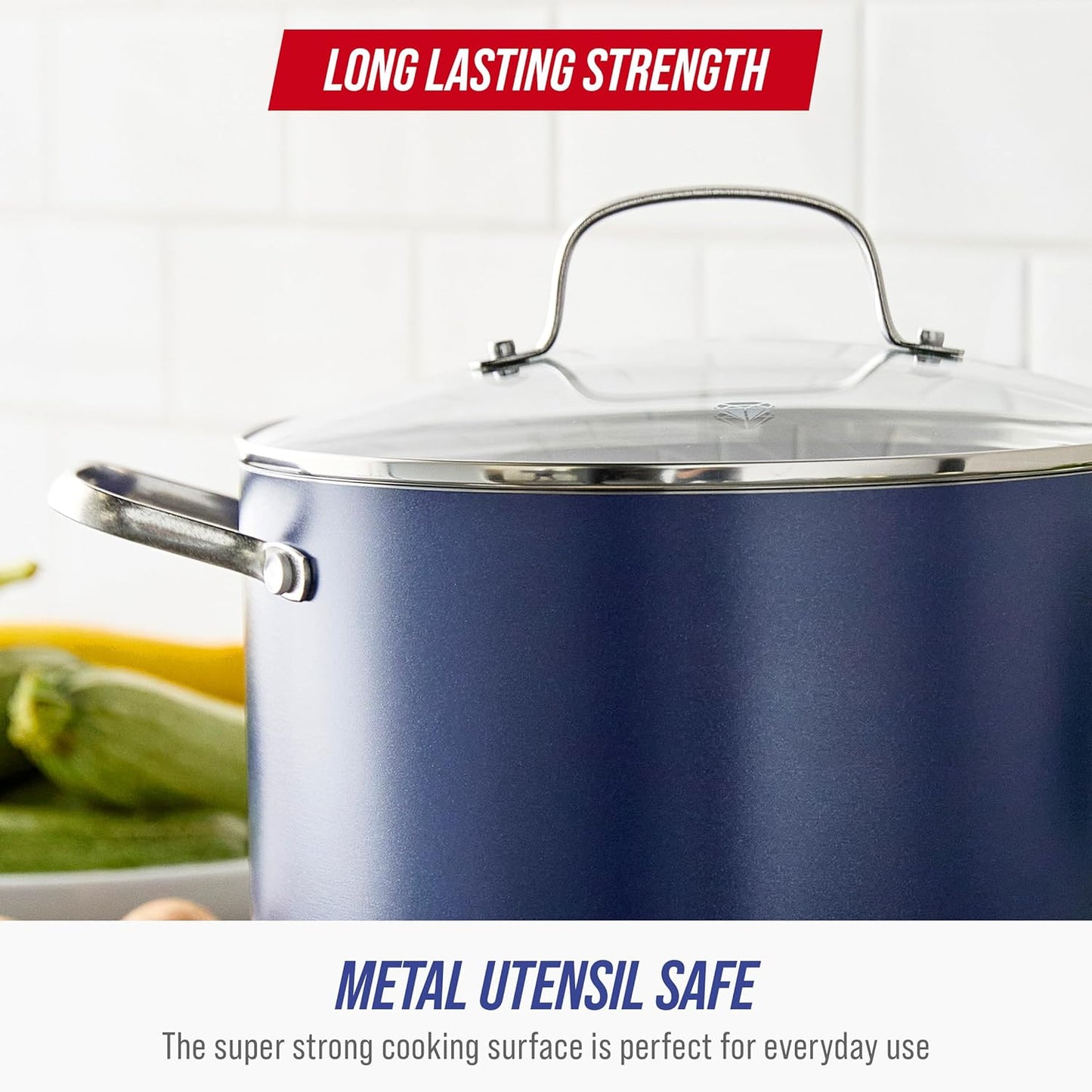 8QT Nonstick Stockpot with Glass Lid, Pfas-Free Ceramic, Multipurpose Cooking, Sauces & Soups, Pasta, Boiling & Canning Pot, Dishwasher & Oven Safe, Stainless Steel Handles, Navy