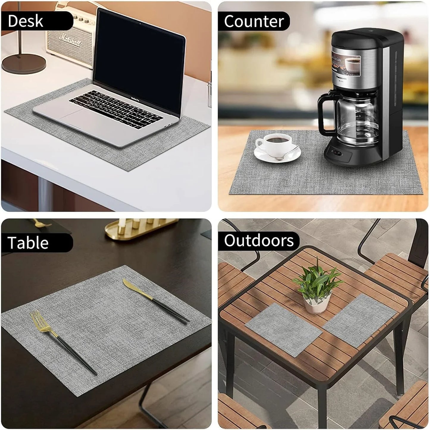 Faux Leather Heat Resistant Placemats 6 Packs, Waterproof Wipeable Dining PU Place Mats for Indoor & Outdoor, Easy to Clean, Light Grey