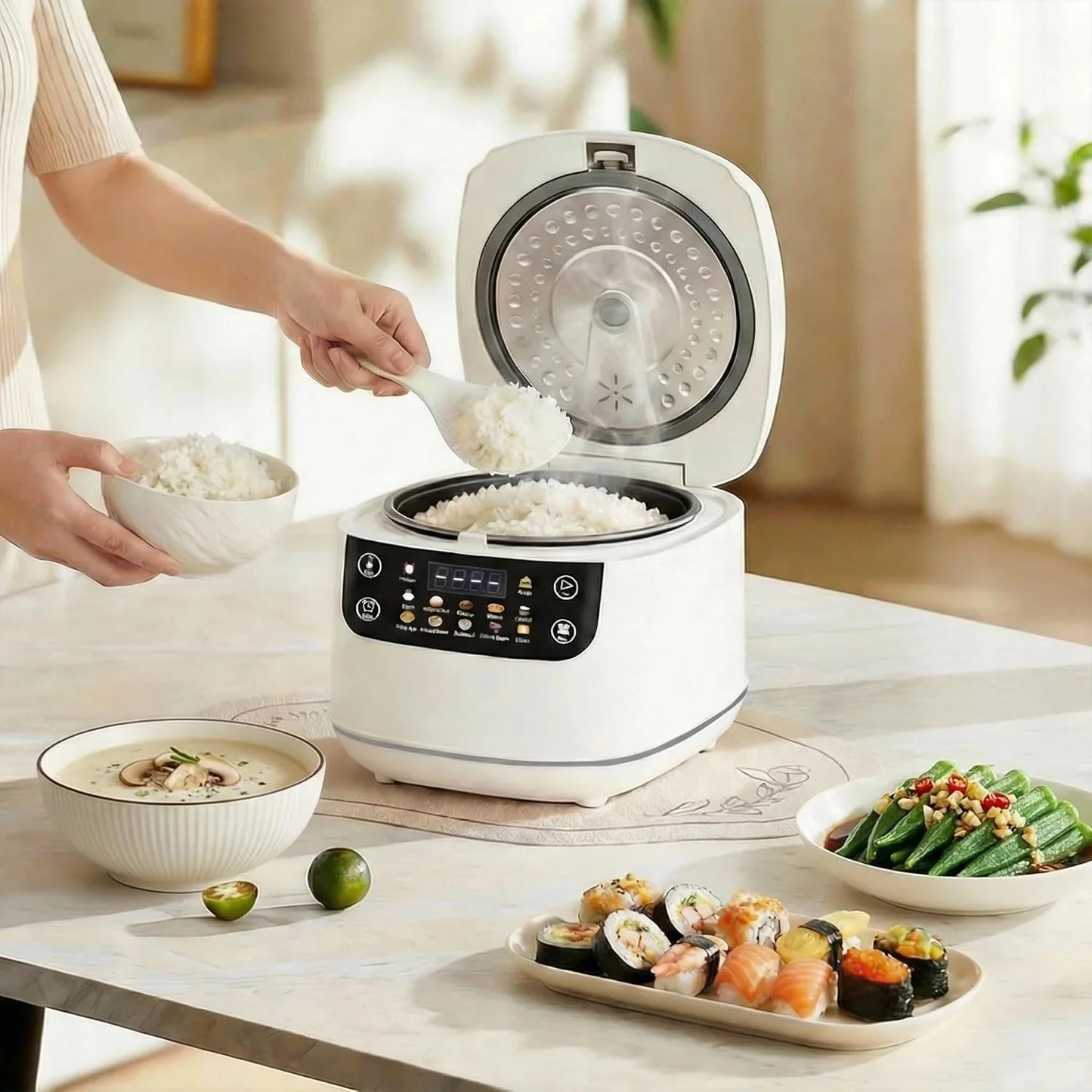 Portable Digital Rice Cooker, 6-Cup (Uncooked)/12-Cup (Cooked) Small Rice Maker with Steaming Basket, Mini Rice Cooker with 2L Removable Nonstick Inner Pot, 10 Menu Options, Auto Keep Warm, 24 Hour Delay Timer, White