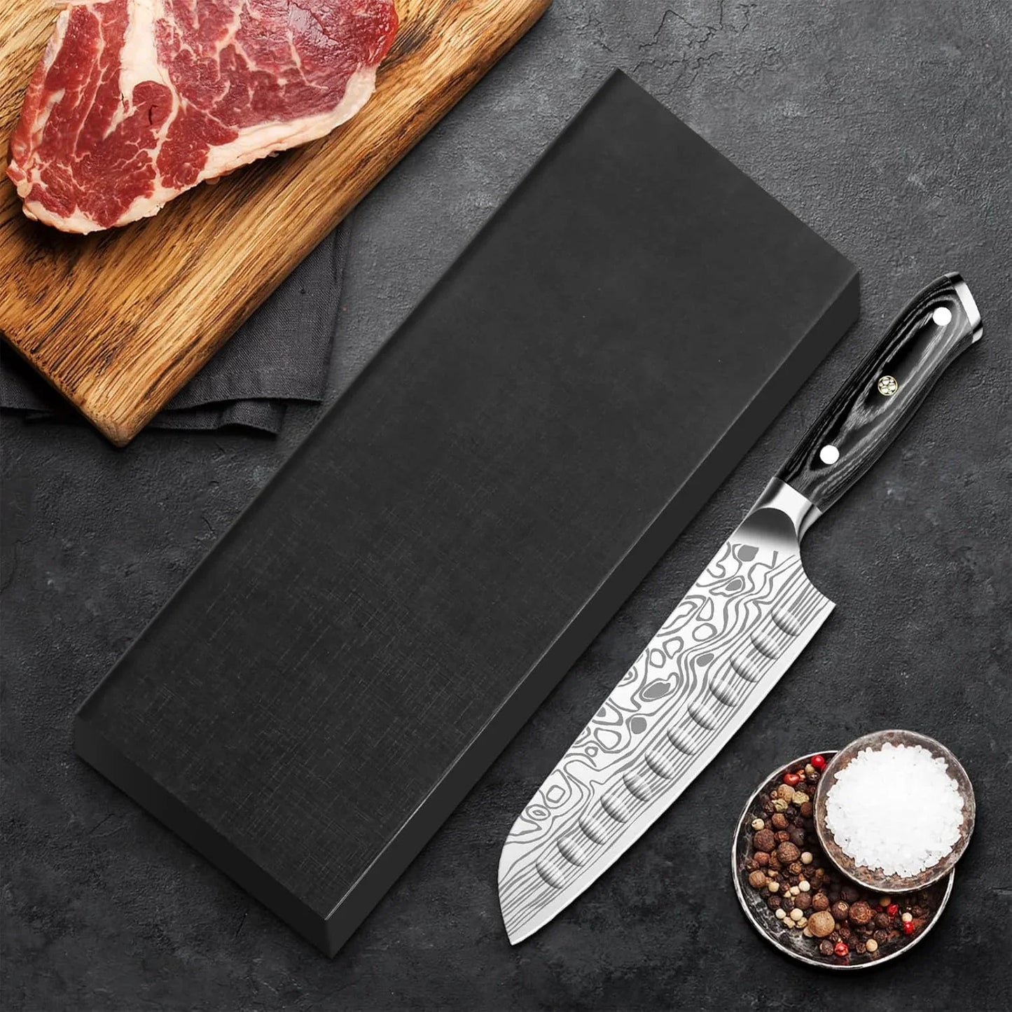 7" Santoku Knife,High Carbon Stainless Steel Chef Knife,Kitchen Nakiri Knife with Finger Guard and Knife Sharpener,Chef Knife Gift Box for Family,For Family and Friends
