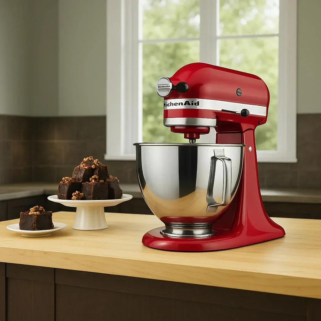Red KitchenAid stand mixer with stainless steel bowl beside chocolate brownies on a kitchen counter