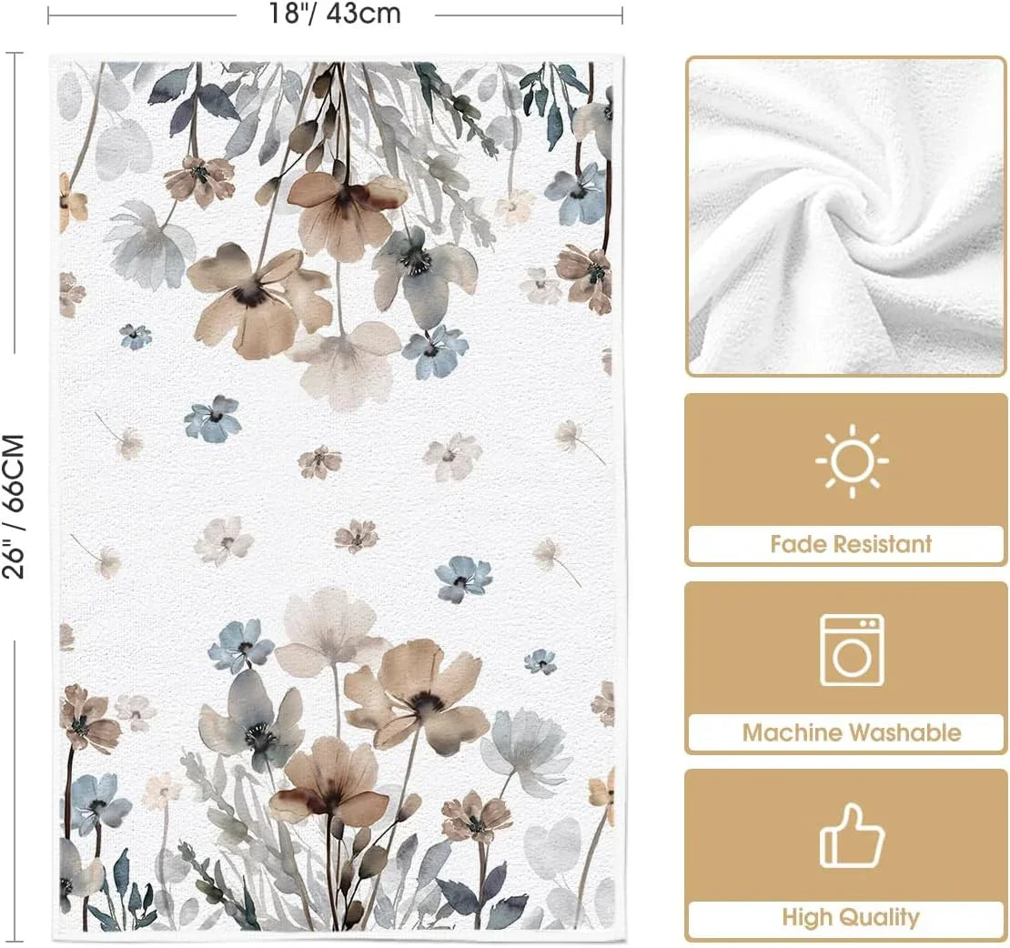Brown Poppy Floral Leaves Spring Kitchen Towels Dish Towels, 18X26 Inch Seasonal Summer Decoration Hand Towels Set of 2