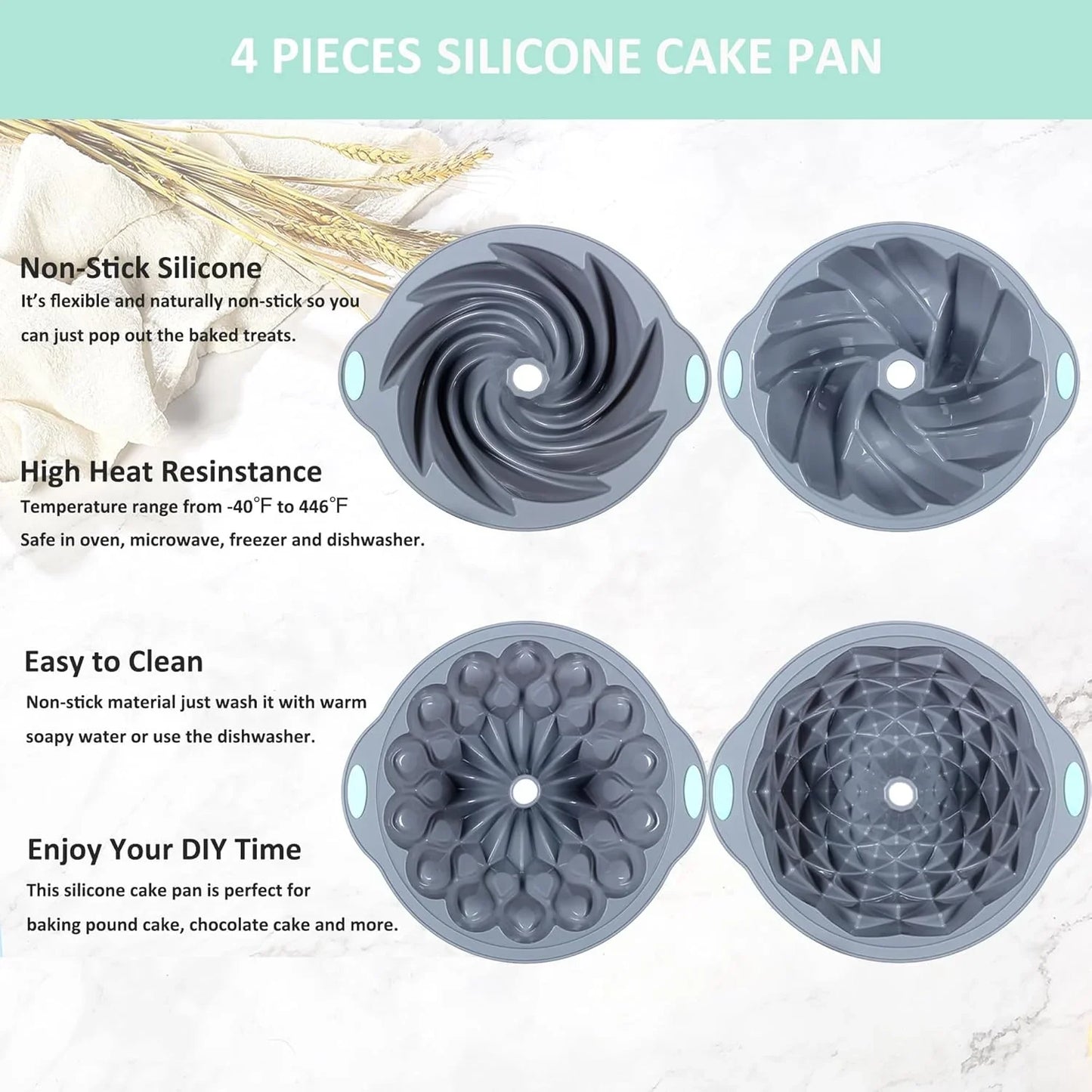 4 Pieces Silicone Fluted Cake Pans, 6/7/8 Cups Tube Baking Pan, Non-Stick Kitchen Oven Baking Pans, Silicone Molds for Homemade Cake, Bread and Jello, Grey