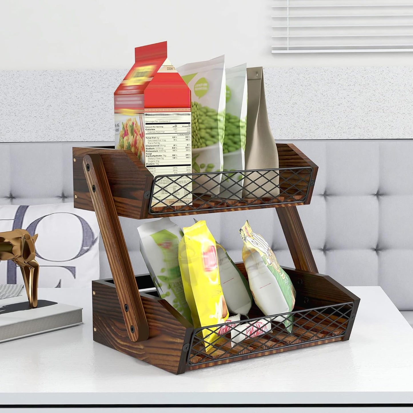 Fruit Basket for Kitchen, 2 Tier Fruit Bowl,Kitchen Counter Organizer,Wooden Vegetable Holder for Countertop,Bread Storage Basket Stand