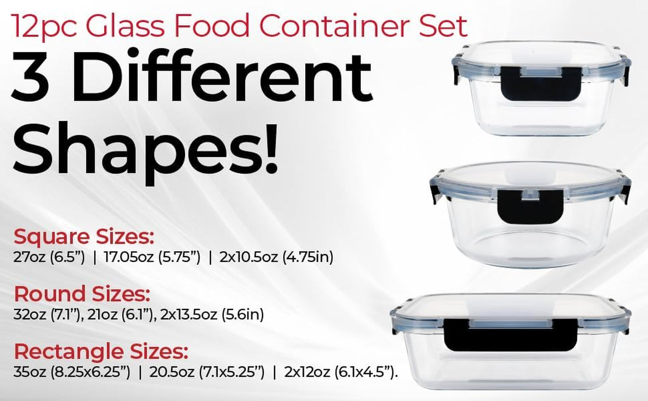 Premium Borosilicate Glass Food Storage Containers with Lids Set | 24Pc Sets with 12 Bowls & 12 Airtight Locking Lids for Lunch & Meal Prep, Safe for Oven, Freezer, Dishwasher, Bpa-Free