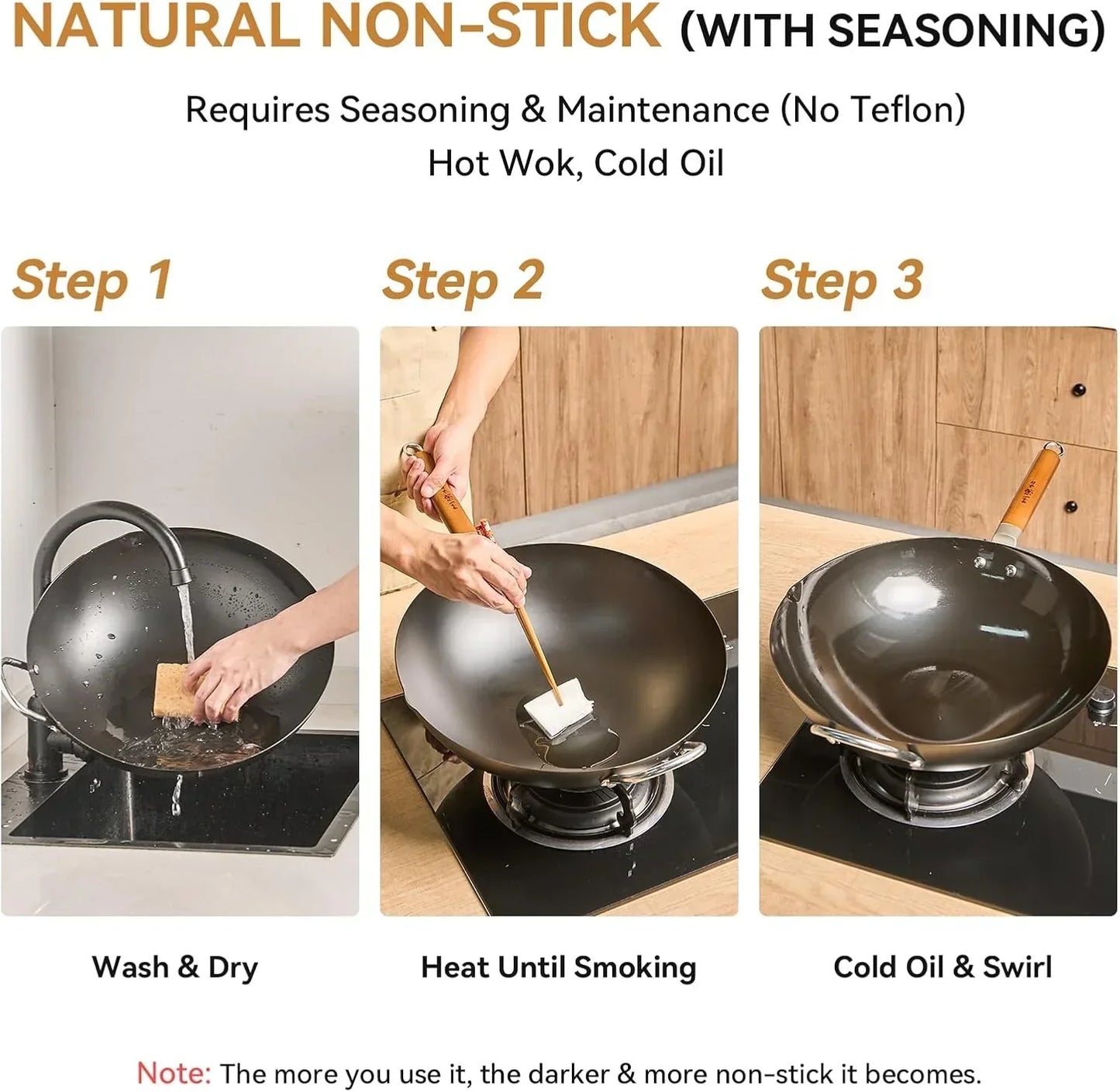 Natural non-stick wok seasoning guide: wash, heat until smoking, add cold oil — no Teflon, requires maintenance