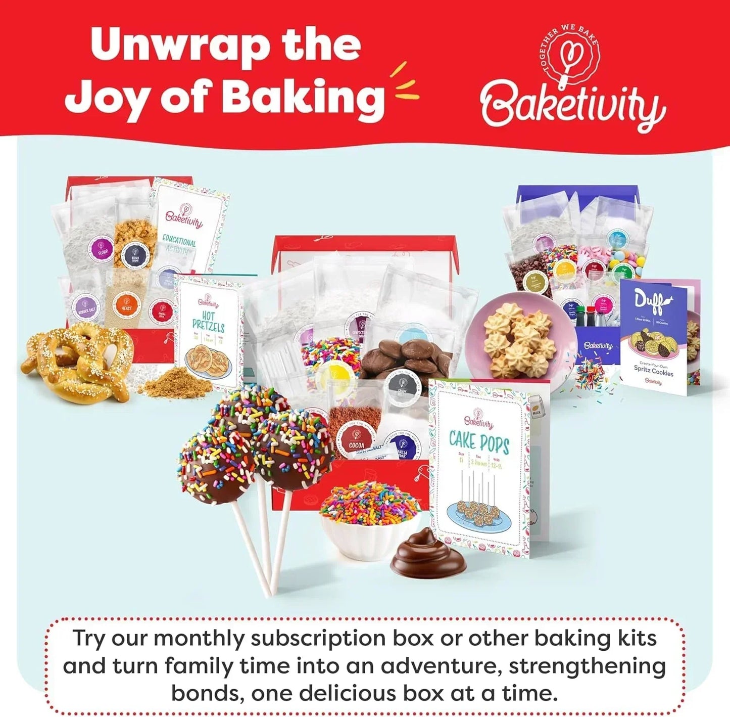Baking kits with cake pops, pretzels, sprinkles, and DIY cookie sets for family baking fun