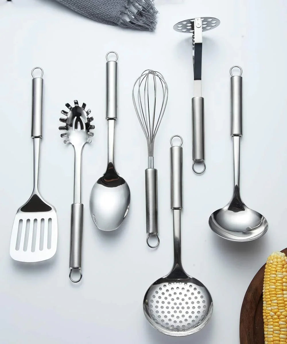 Cooking Utensil Set 8 Piece, Stainless Steel Kitchen Tool Set with Stand,Cooking Utensils, Slotted Tuner, Ladle, Skimmer, Serving Spoon, Pasta Server,Potato Maseher, Egg Whisk. (8 Pieces)