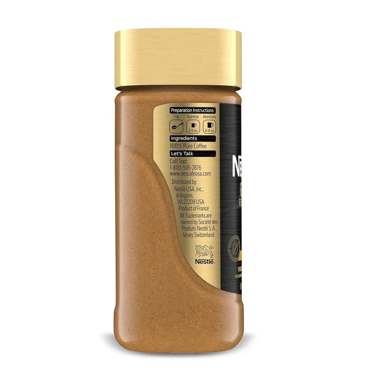 Nescafe Gold Instant Coffee Jar with Preparation Instructions and 100% Pure Coffee Label