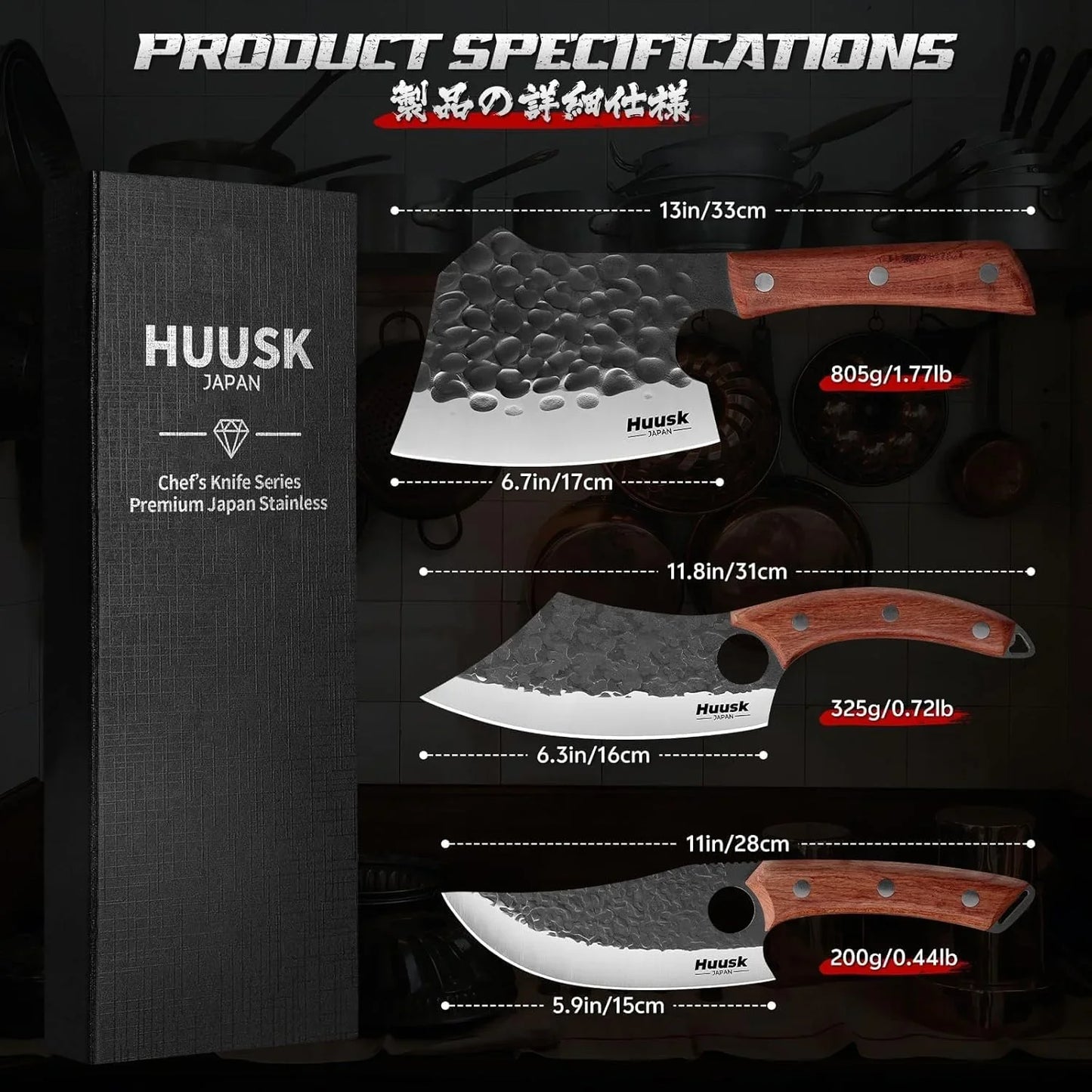 Butcher Knife Set of 3 - Full Tang Meat Cleaver Knife Set for Meat Processing, Hand Forged Viking Knives Sets with Bone Axe, Heavy-Duty Kitchen Knives Sets for Outdoor BBQ Cooking, Gifts for Men
