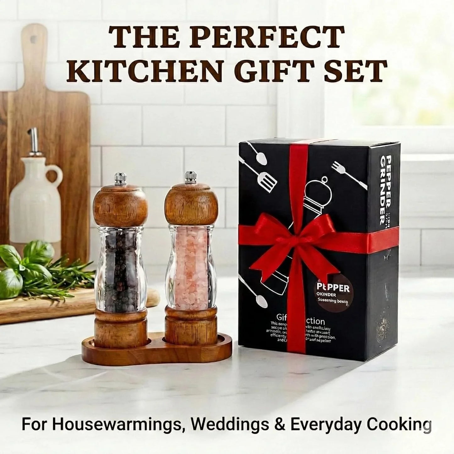 Salt and Pepper Grinder Set Wood and Acrylic - 6.3 Inch Oak Pepper Mill with Visible Window & Storage Tray - Adjustable Coarseness Ceramic Rotor, Manual Spice Grinders for Kitchen Table
