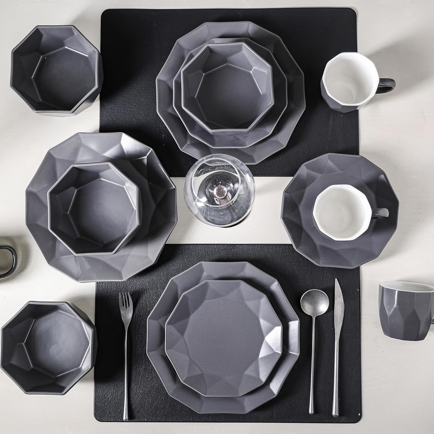 Stone + Lain Jamie Porcelain 16-Piece Geometric Dinnerware Set, Grey