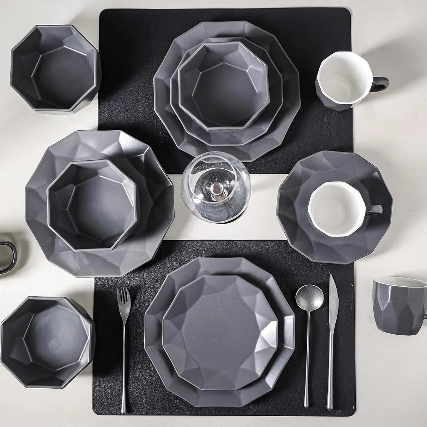 Stone + Lain Jamie Porcelain 16-Piece Geometric Dinnerware Set, Grey