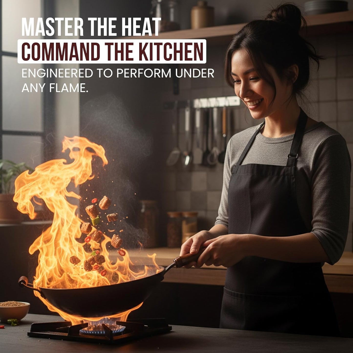 Pre-Seasoned Cast Iron Nonstick Stir-Fry Pan | Dual Handles & 4 Spatulas | Flat Bottom Wok with Wooden Lid & Wood Handle | Traditional Chinese Induction Wok (32Cm)