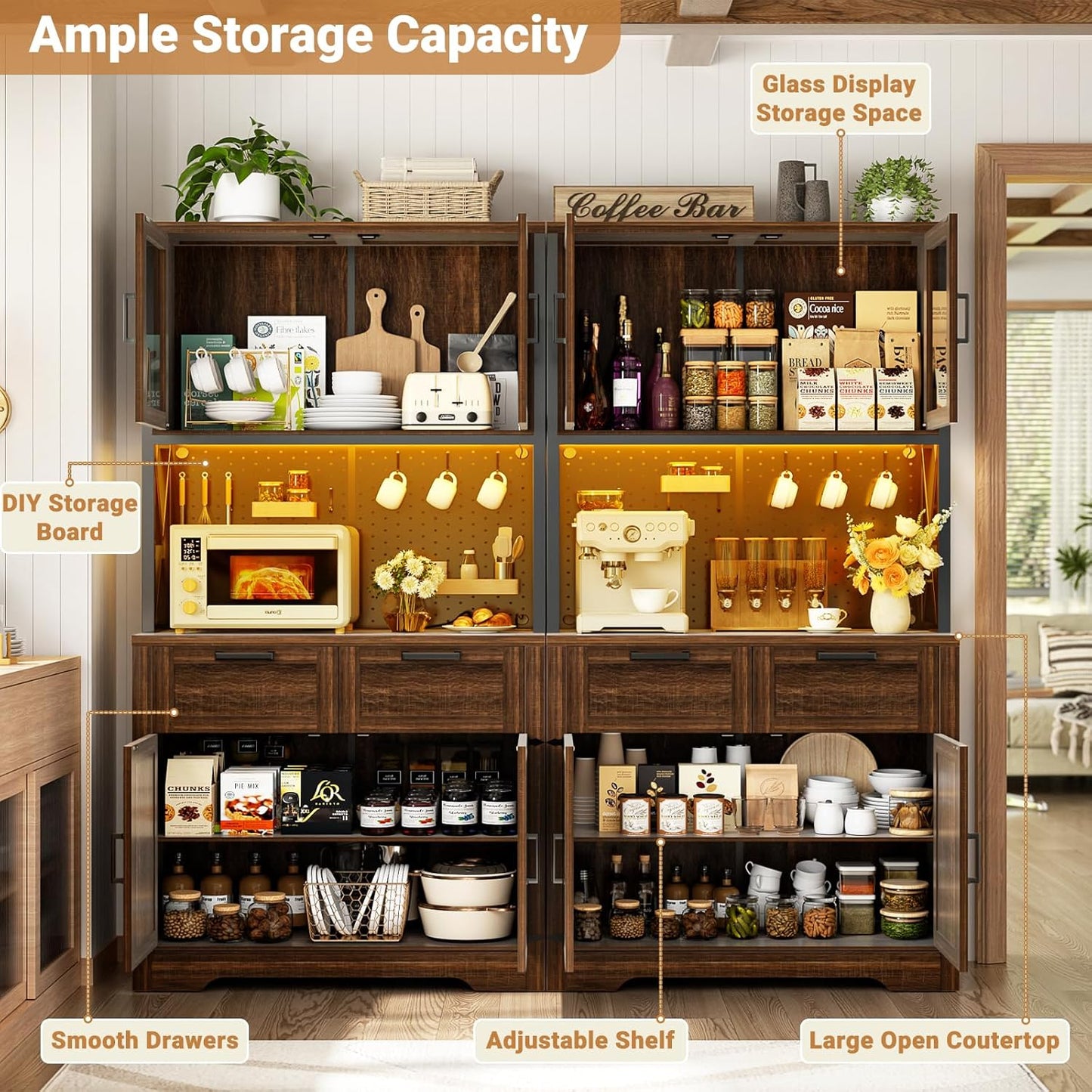 71" Tall Kitchen Pantry Storage Cabinet with LED Light & Outlet, 63" Wide Kitchen Hutch Cabinet with Large Countertop, DIY Pegboard and Drawers, Food Pantry for Living Room,Weathered Brown