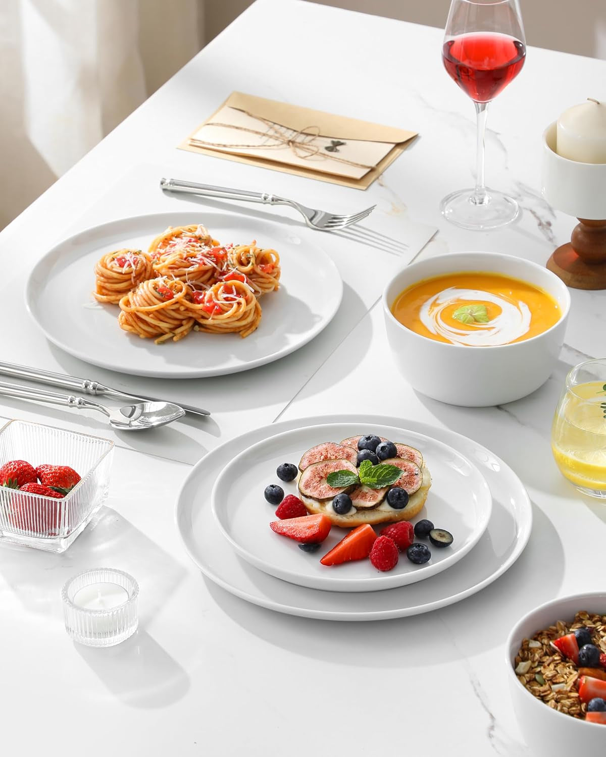 24 Pieces Gourmet Porcelain Dinnerware Sets, Premium Plates and Bowls Set, High-Fired Ceramic Dishes Set for 8, Chip & Scratch Resistant, Microwave Dishwasher Safe, White, Series LEXI