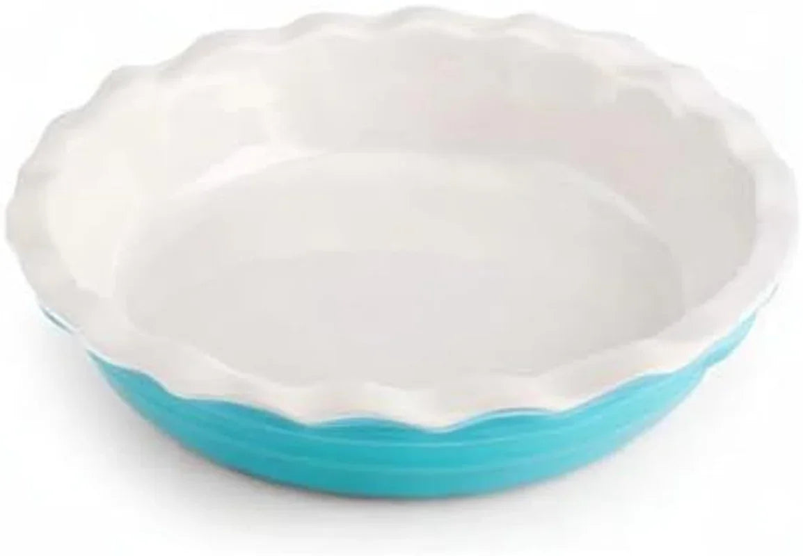 Bakers Advantage 10 Inch Pie Dish, Stoneware Pie Pan with Scalloped Edge, Two-Tone Teal and Ivory Ceramic Pie Plate for Baking Quiche, Casseroles, and Deep Dish Pies