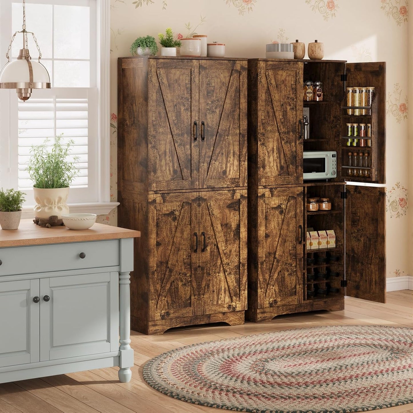 71" Tall Kitchen Pantry, Farmhouse Storage Cabinet with Doors, Shelves, Rustic Wood Cupboard, Built-In Wine Storage Grid & 6 Door Shelves for Kitchen, Dining Room, Rustic Brown