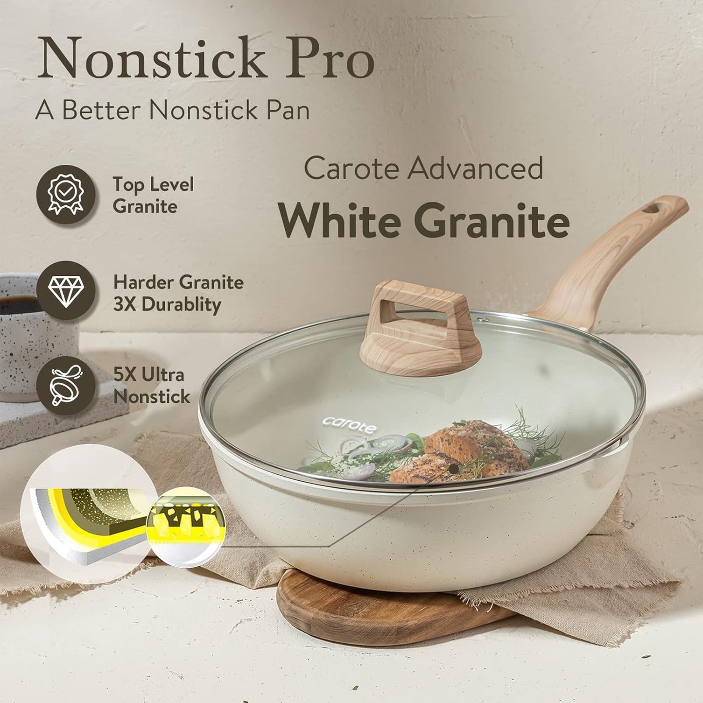 12Inch Nonstick Deep Frying Pan with Lid, 5.5 Qt Jumbo Cooker Saute Pan with Pour Spout, Skillet Induction Cookware, Non Stick Cooking Pan Kitchen Pan PFOA Free, White Granite