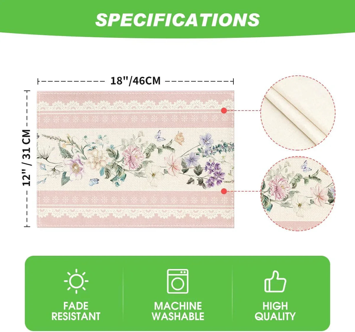 Pink Printed Lace Floral Spring Placemats Set of 4, 12X18 Inch Seasonal Summer Holiday Table Mats for Party Kitchen Dining Decoration