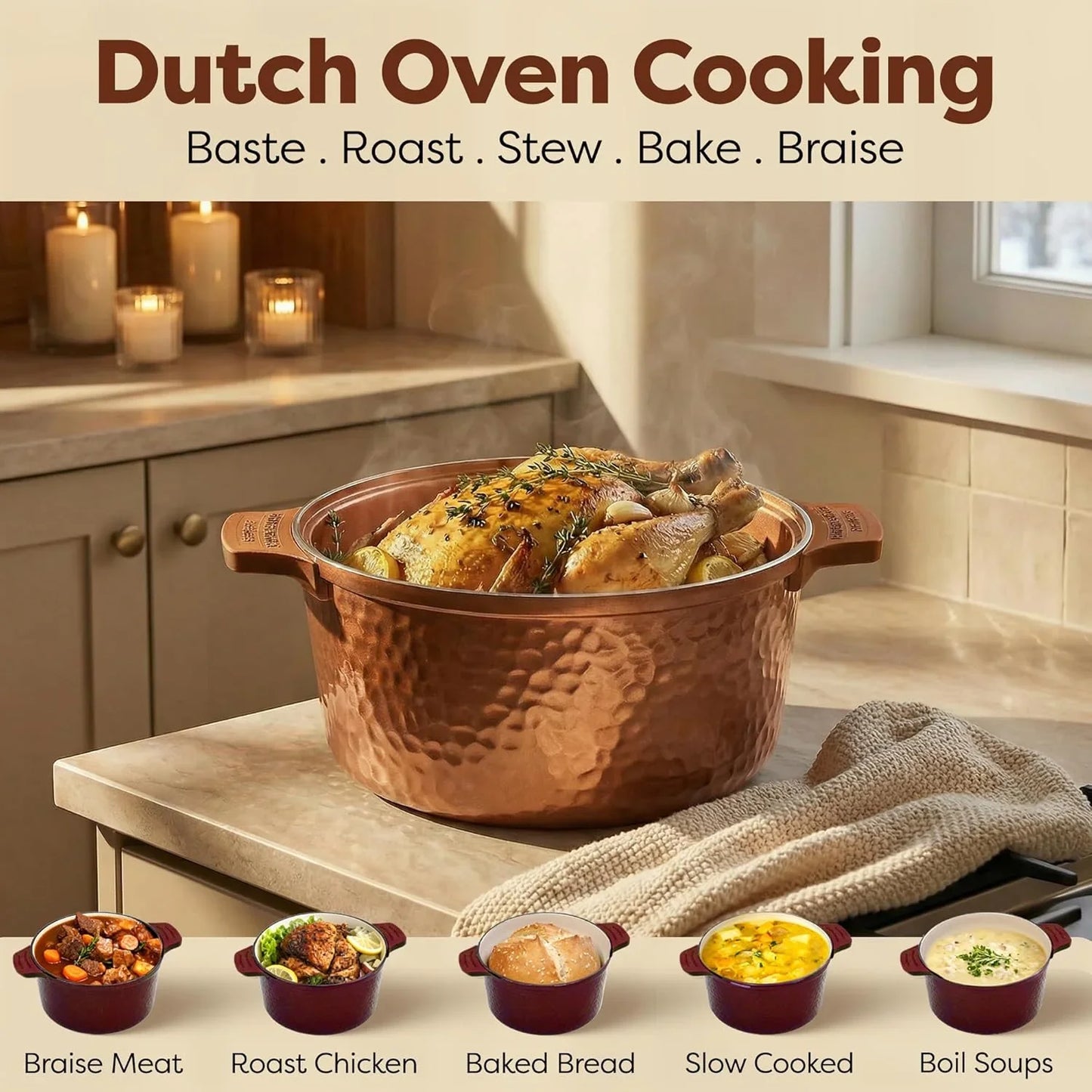 Hammered 5 Qt Lightweight Dutch Oven Pot with Lid & Holders, Ceramic Non Toxic, Oven Safe & Even Heat Retaining Dutch Oven for Bread Baking Sourdough, Soup, 70% Lighter than Cast Iron