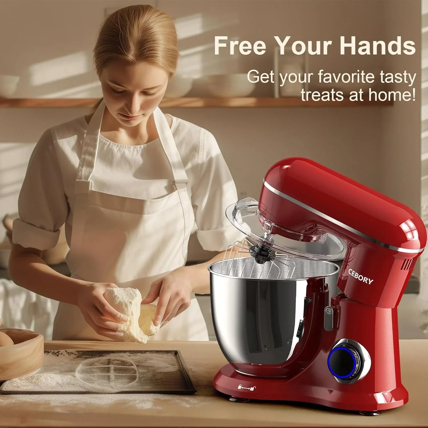 3-IN-1 Electric Stand Mixer, 6.5QT Bowl 660W 10-Speed Kitchen Mixer, Household Food Mixers Include Dough Hook, Beater and Whisk, Bread Cake Mixer for Baking and Most Home Cooks, Red