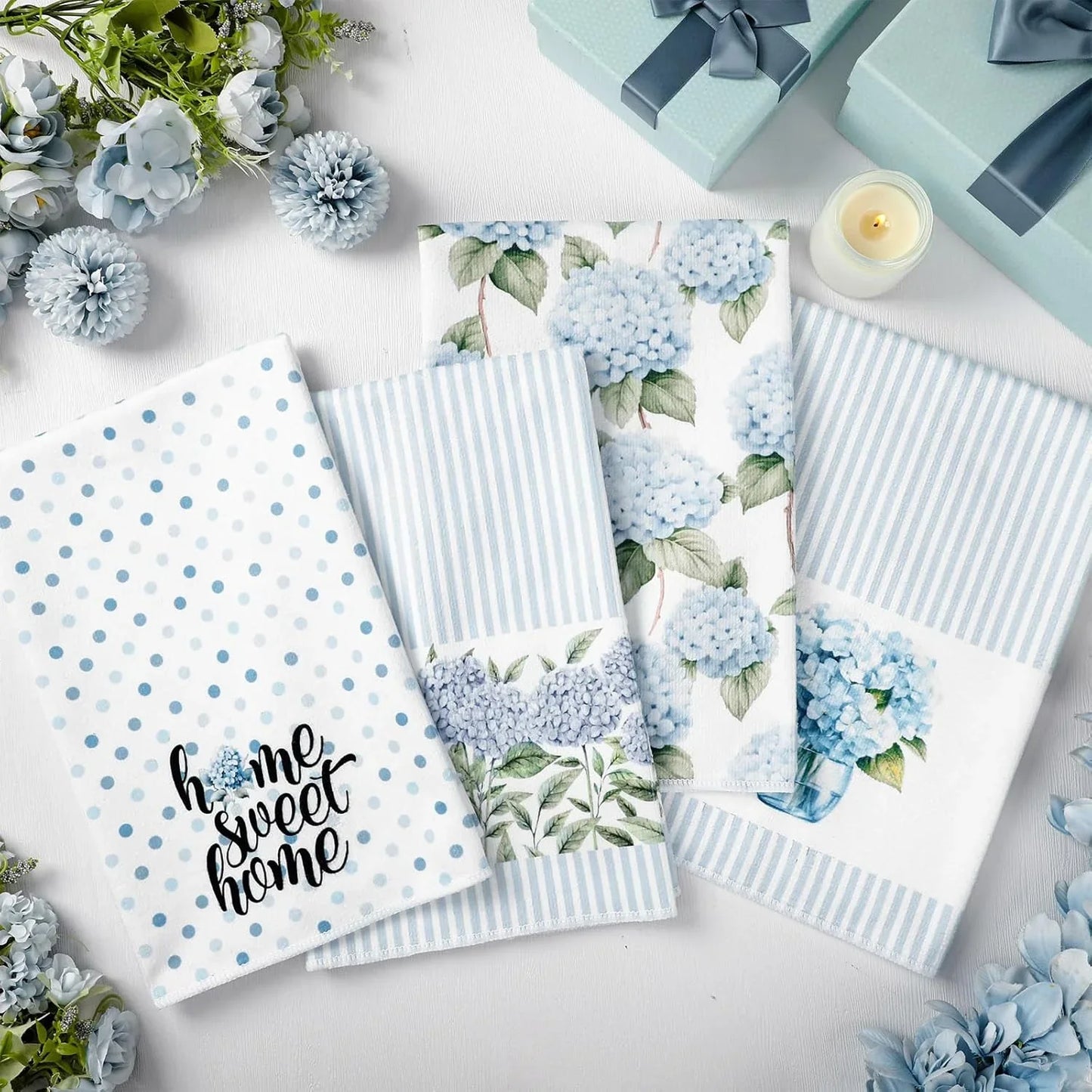4 Pack Blue Hydrangea Kitchen Hand Towels Farmhouse Blue Hydrangea Decor, 18X26 Inch Summer Flowers Decorative Spring Floral Tea Dish Towels for Kitchen Bathroom