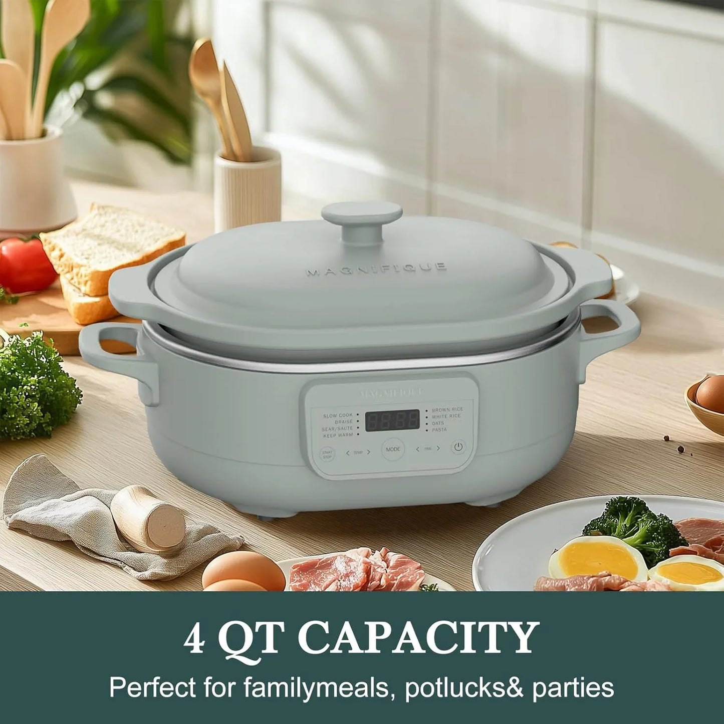 MAGNIFIQUE 4 Quart Programmable Casserole Slow Cooker, 8-In-1 Multi Cooker with Removable Non-Toxic Stoneware Crock, Claypot Slow Cooker, Rice-Cooking, Nonstick, Oven Safe Pot to 450°F, Olive
