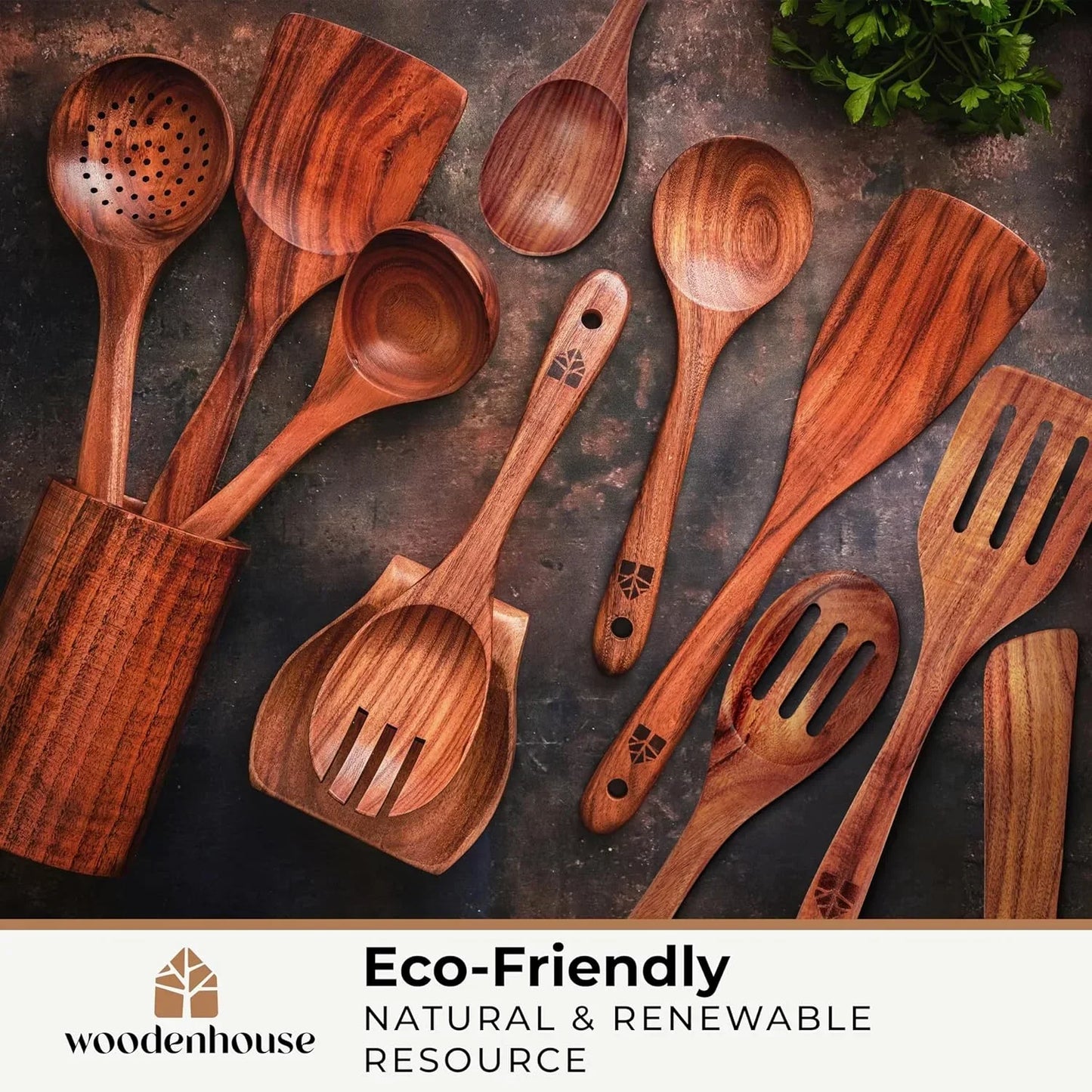 Eco-friendly wooden kitchen utensils set with natural grain, slotted spoons, spatulas, and ladles for sustainable cooking.