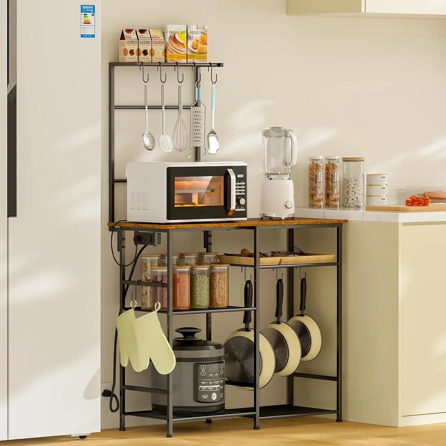 Bakers Rack with Power Outlet, Kitchen Microwave Stand with 10 S-Shaped Hooks, 6-Tier Coffee Bar Station, Kitchen Storage Shelf Rack for Spices, Pots, Rustic Brown