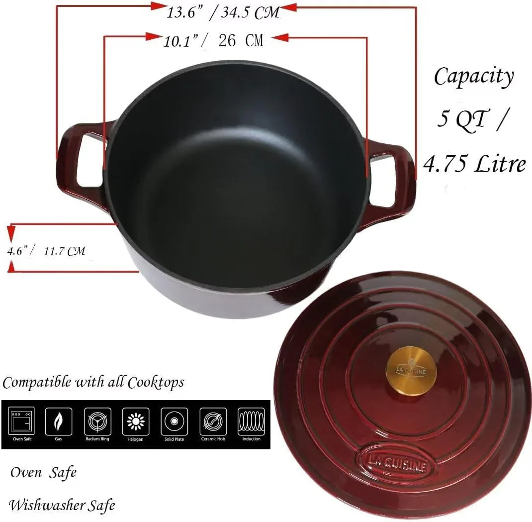 Enameled Cast Iron Dutch Oven Casserole Dish Pot with Lid, 5 QT 10.3“ /26Cm Dia. Internal Matt Black Enamel Coating Gold-Plated SS Lid Handle Oven Safe up to 500° F, Cranberry
