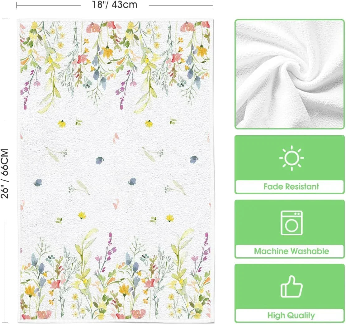 Floral kitchen towel with watercolor wildflowers, fade resistant, machine washable, 18x26 inches