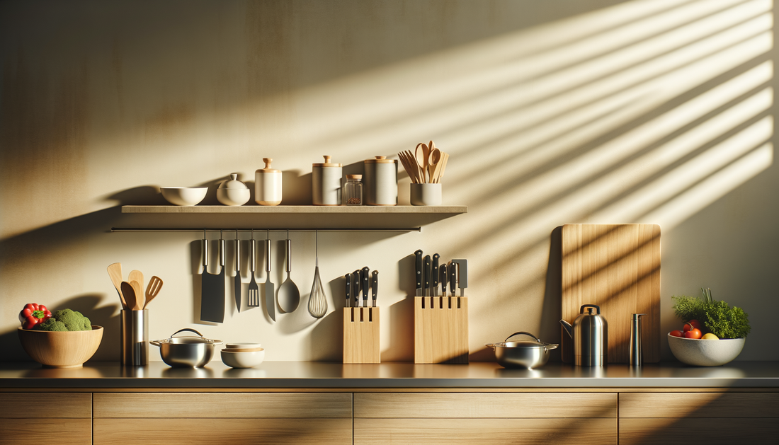modern kitchen tools and cookware on a bright, clean countertop with natural light