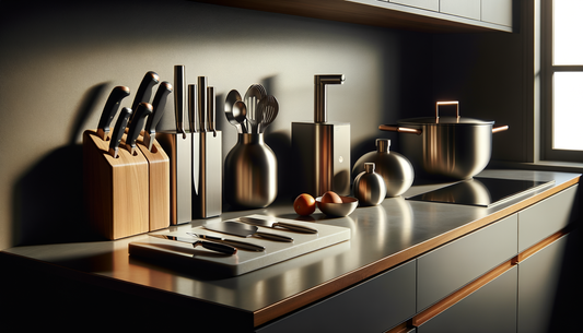 sleek kitchen tools and cookware on a clean countertop in soft natural light