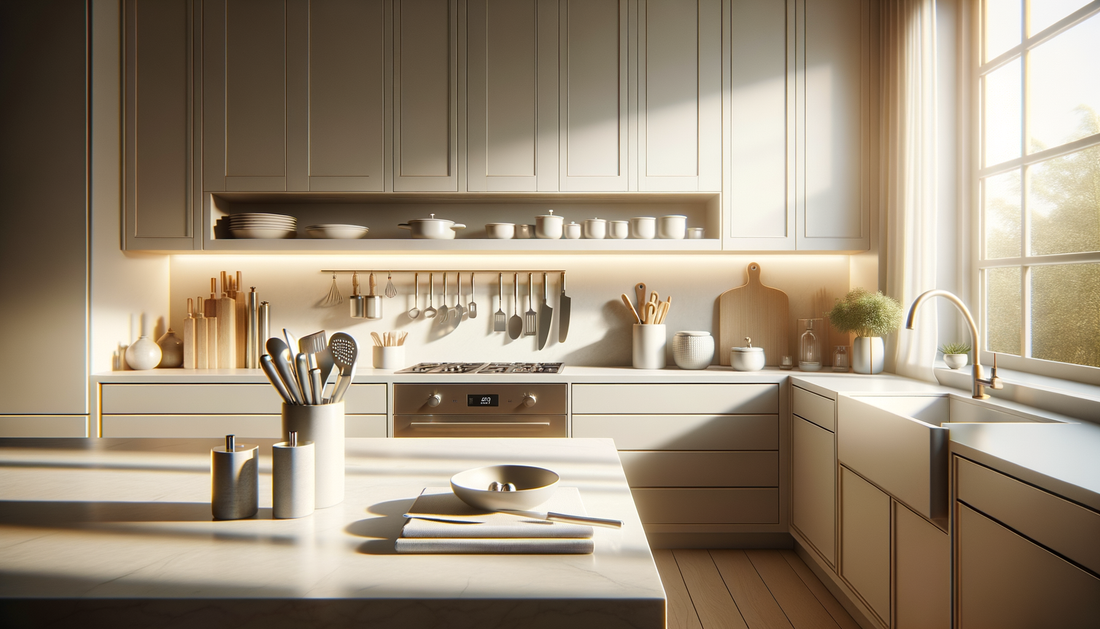 modern kitchen tools and cookware displayed on a bright, minimalist countertop