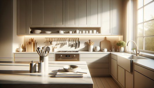 modern kitchen tools and cookware displayed on a bright, minimalist countertop