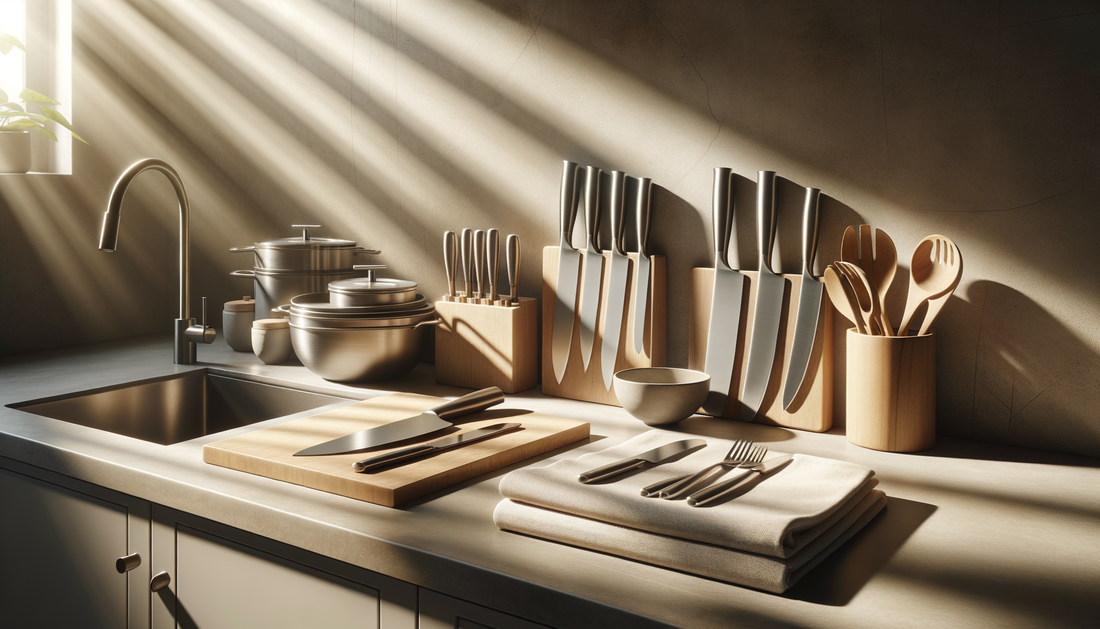 modern kitchen tools and cookware on a bright, minimalist countertop with soft natural light