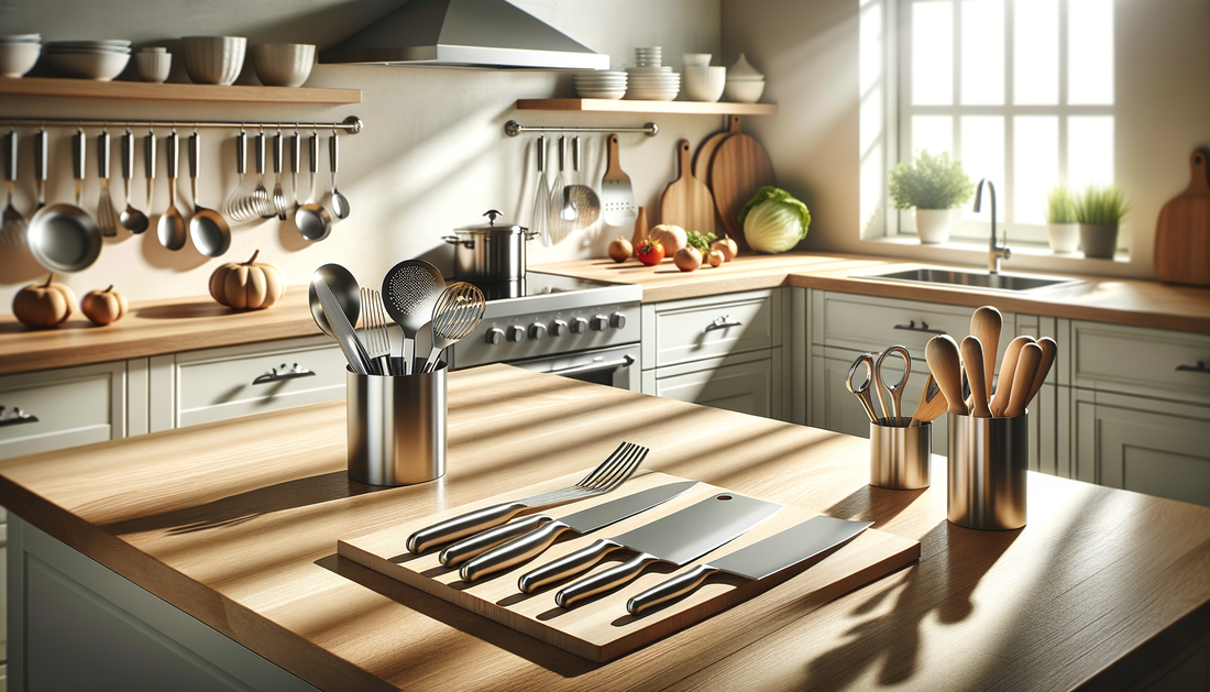 sleek kitchen knives and cookware on a sunlit minimalist countertop with soft shadows