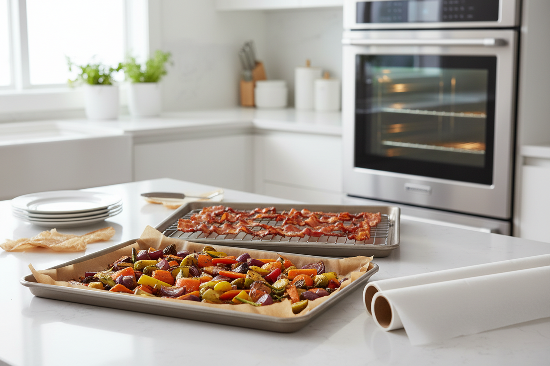 Rimmed sheet pan with crispy bacon on a rack and roasted vegetables in a bright modern kitchen