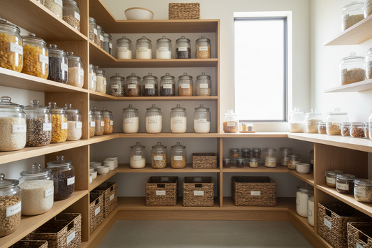Organized pantry with clear containers, baskets, and labeled kitchen staples