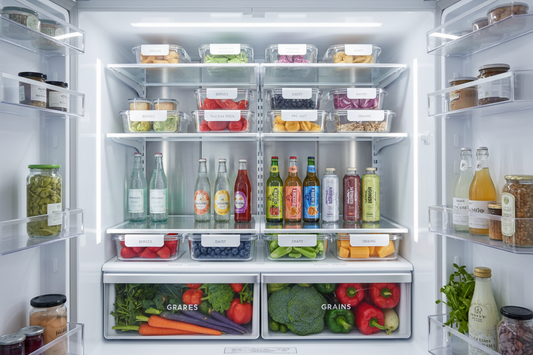 Organized refrigerator with clear bins, stacked containers, fresh produce, and neatly arranged food