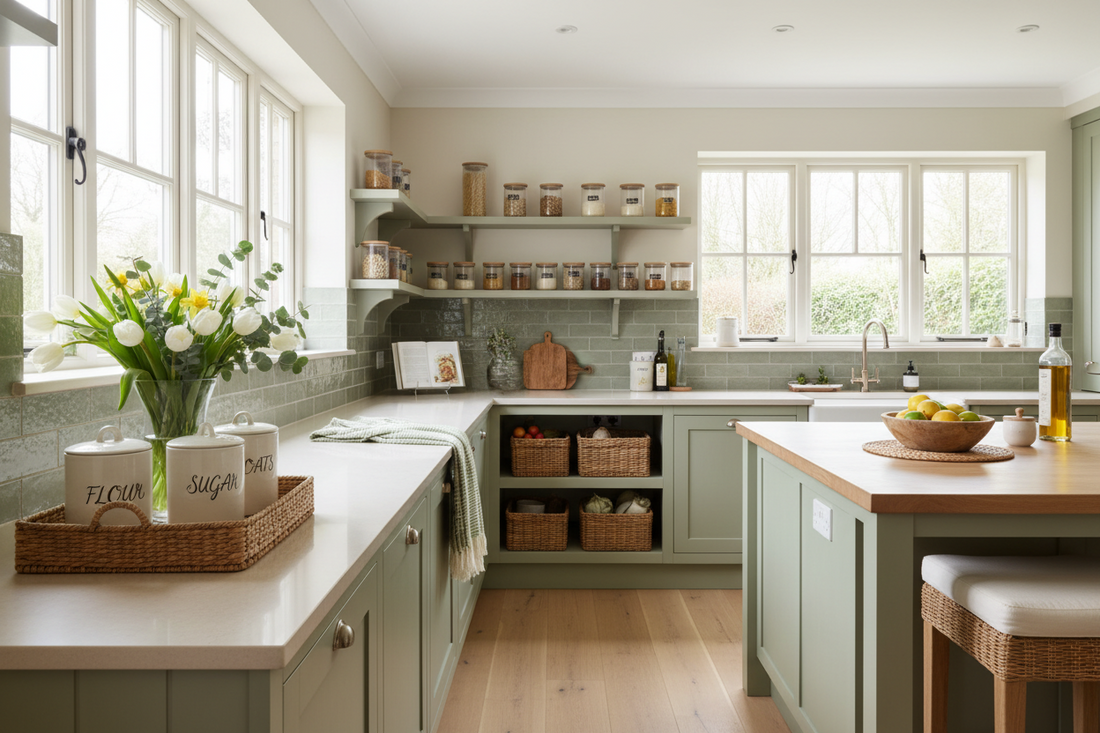 Bright spring kitchen with decluttered counters, soft green accents, organized storage, and warm natural textures