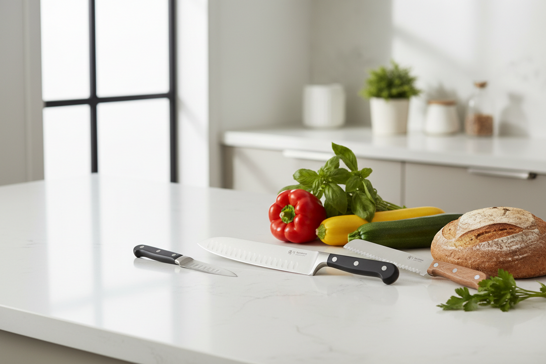 Three-knife starter set with an all-purpose knife, paring knife, and bread knife on a kitchen counter