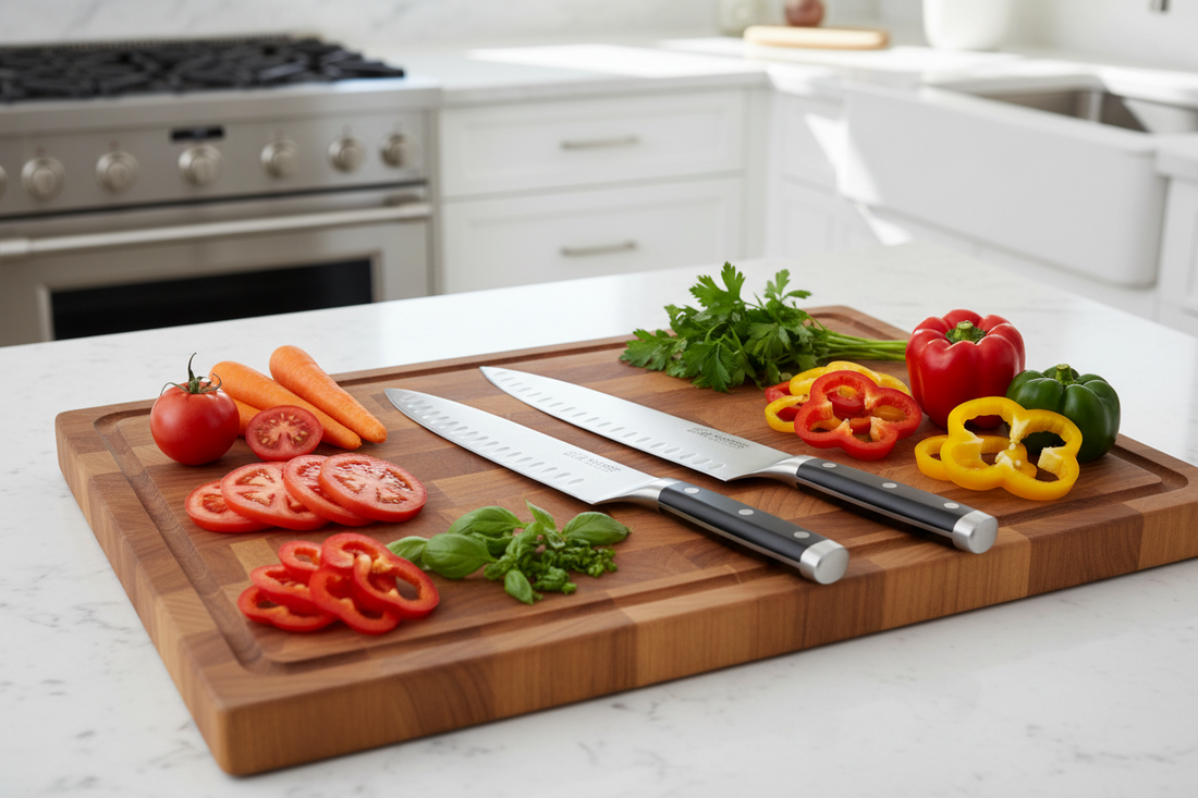 Santoku knife and chef’s knife side by side on a cutting board with fresh vegetables and herbs