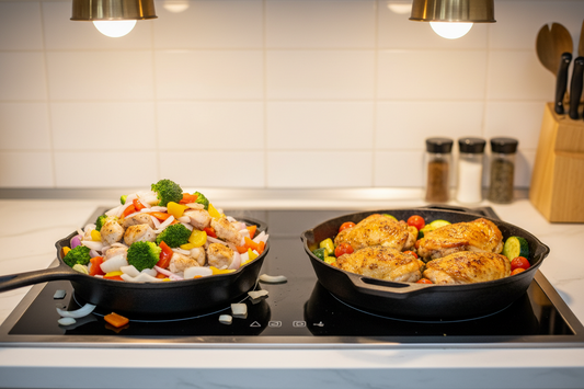 Pan size guide with skillet, saute pan, and weeknight cooking ingredients