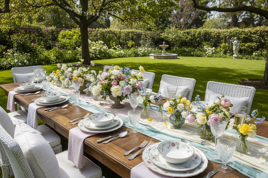 Spring garden party table with soft linens, dinnerware, drinkware, and floral outdoor styling